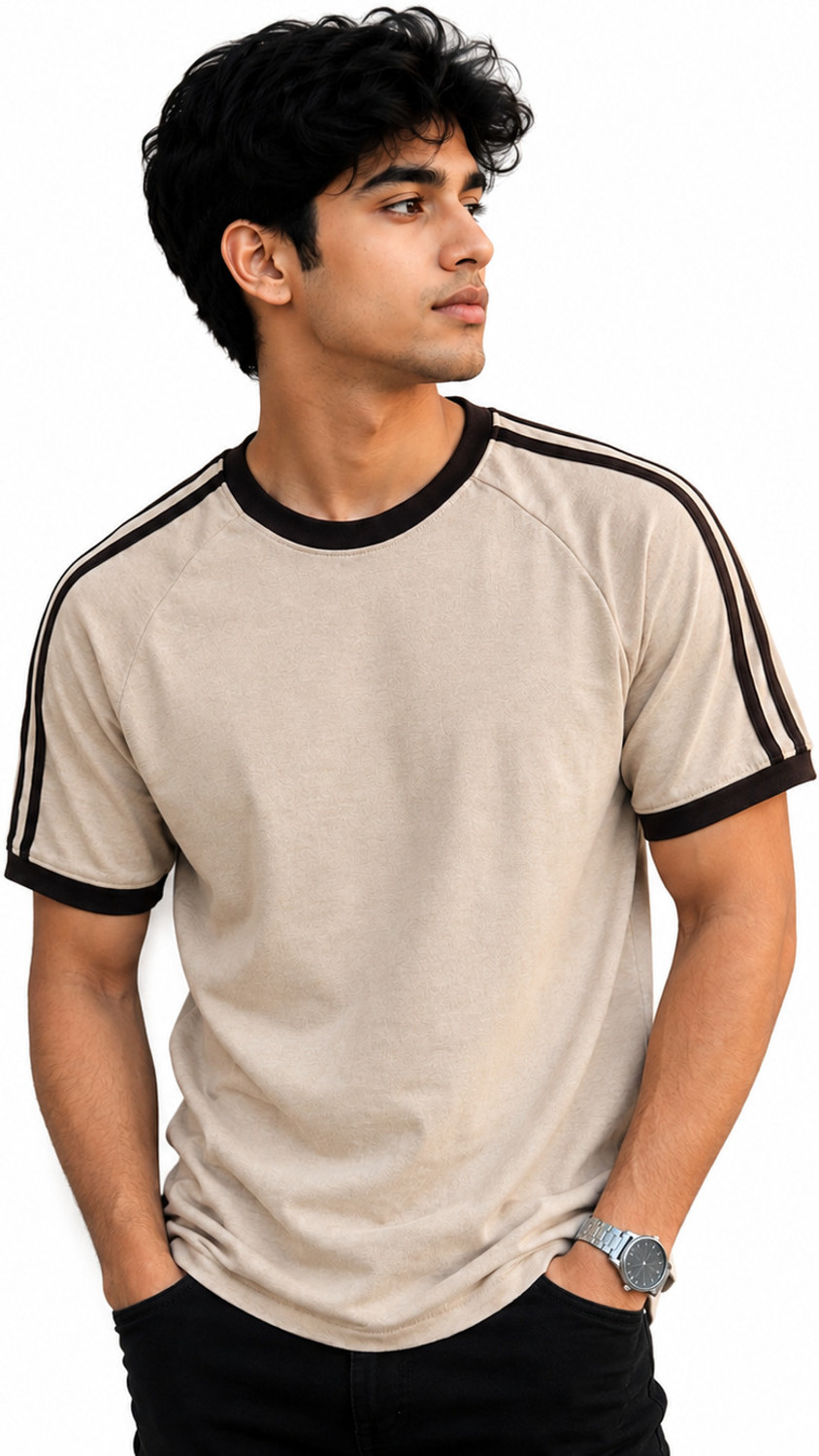 SPICTOR Men Striped Round Neck Cotton Blend Beige, Brown T-Shirt - Image 1