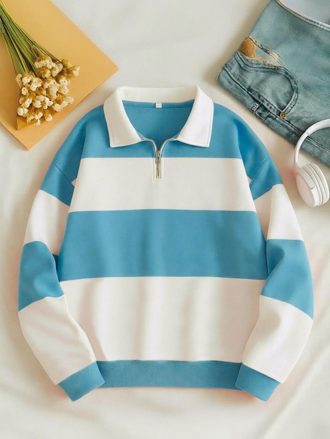 Try This Men Colorblock Polo Neck Cotton Blend Light Blue, White T-Shirt - Image 1