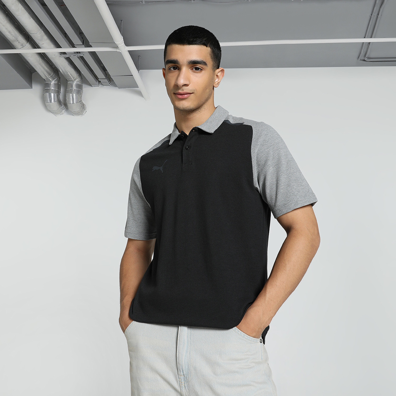 PUMA Men Colorblock Polo Neck Cotton Blend Black T-Shirt - Image 1