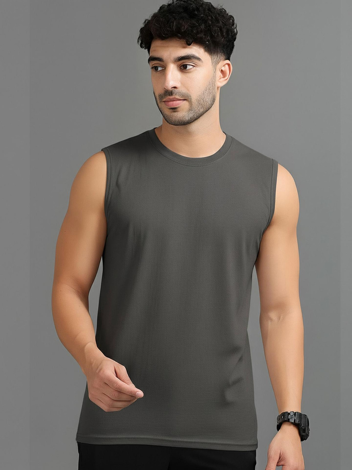 Jangoboy Men Solid Round Neck Polyester Grey T-Shirt - Image 1