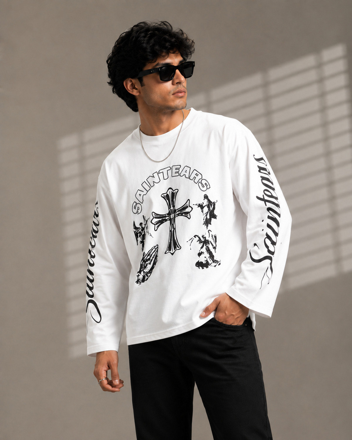 FASHLOOK Men Graphic Print, Typography Round Neck Cotton Blend White T-Shirt - Image 1