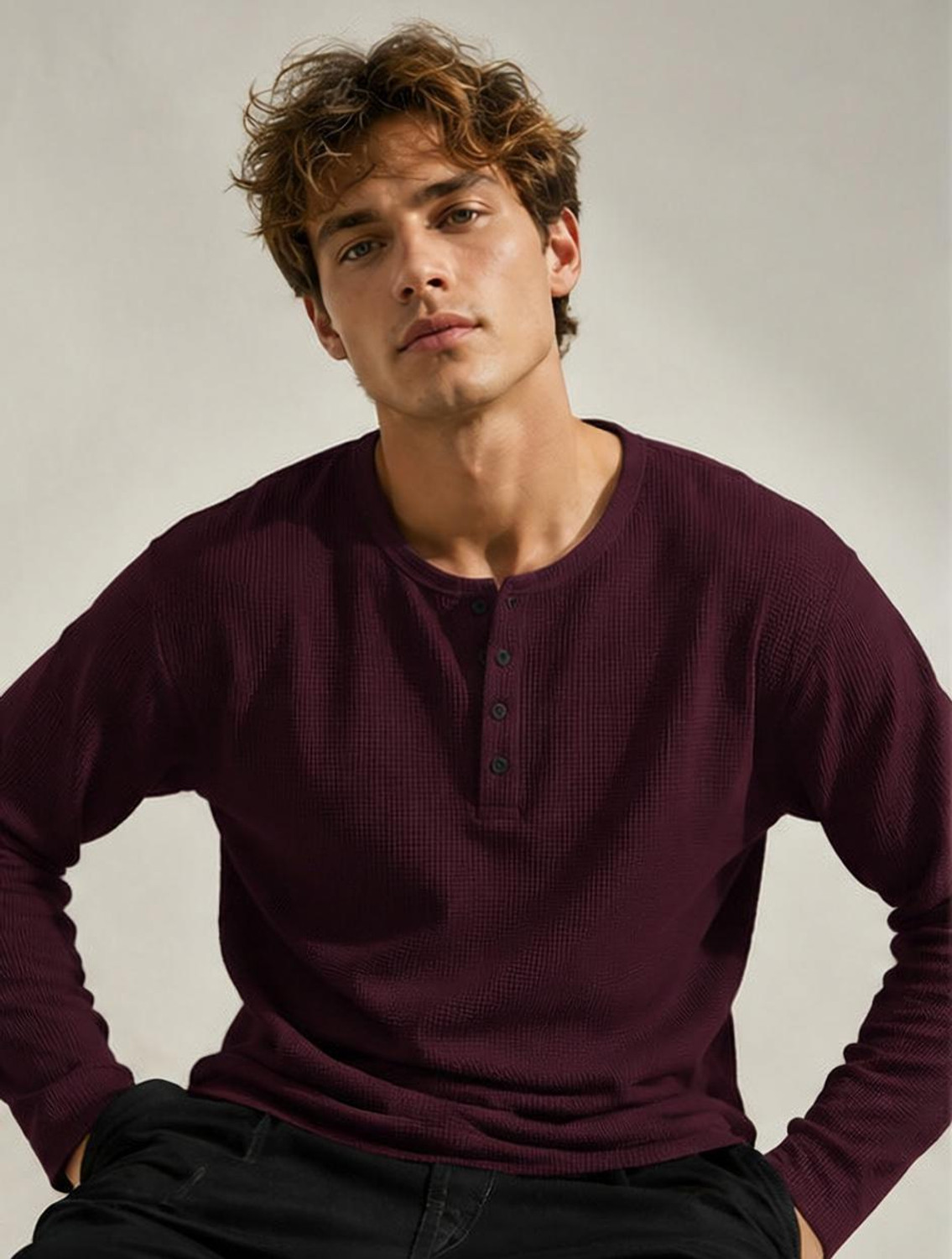 NOOK Men Self Design Henley Neck Cotton Blend Maroon T-Shirt - Image 1