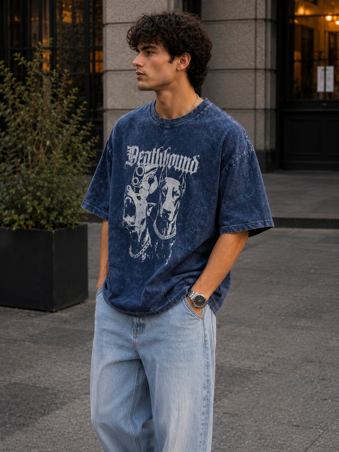 MADSTO Men Printed Round Neck Pure Cotton Dark Blue T-Shirt - Image 1