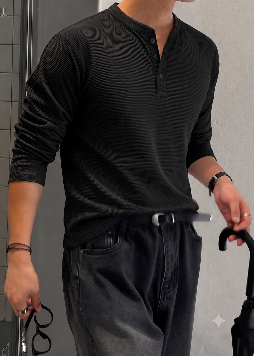 Rufica Men Self Design Henley Neck Cotton Blend Black T-Shirt - Image 1