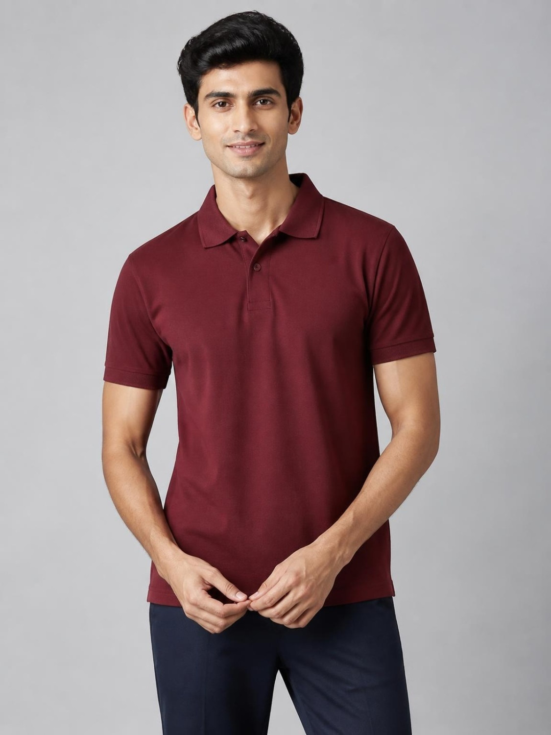 Allen Solly Men Solid Polo Neck Cotton Blend Maroon T-Shirt - Image 1
