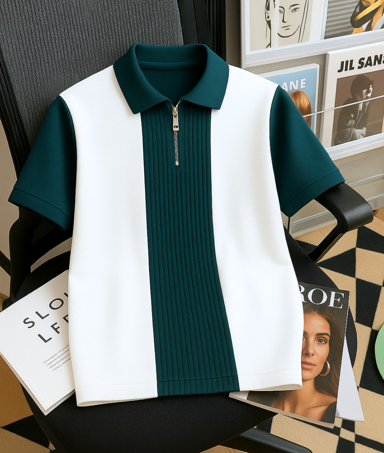 Try This Men Colorblock Polo Neck Cotton Blend Dark Green, White T-Shirt - Image 1