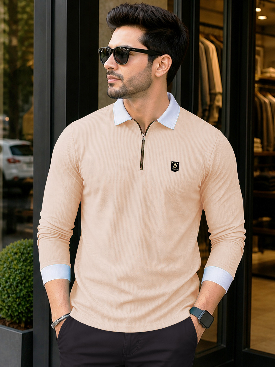 VeBNoR Men Self Design Polo Neck Polyester Beige T-Shirt - Image 1