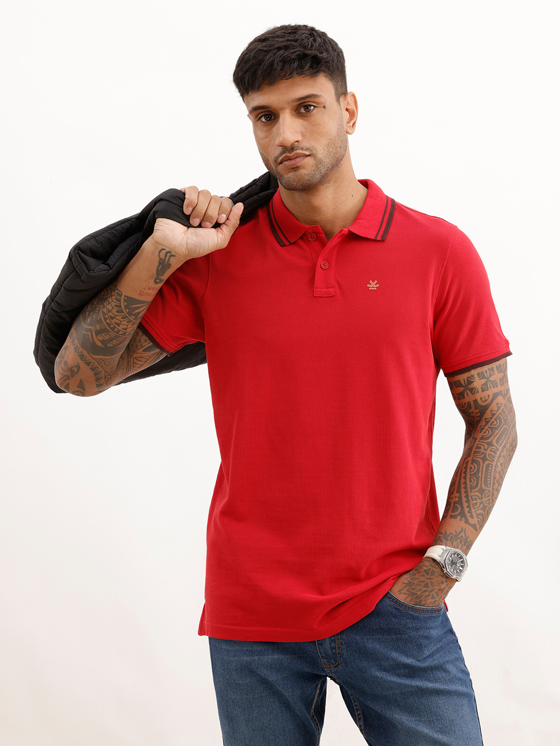 WROGN Men Solid Polo Neck Pure Cotton Red T-Shirt - Image 1