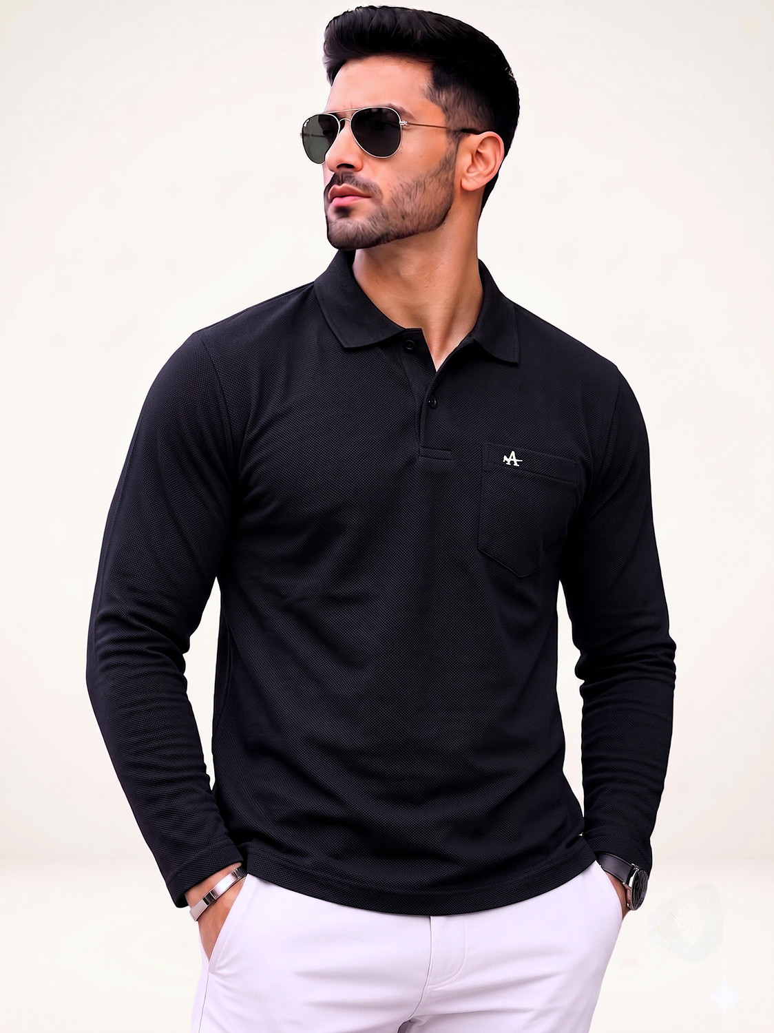 Alvin Men Solid Polo Neck Cotton Blend Black T-Shirt - Image 1