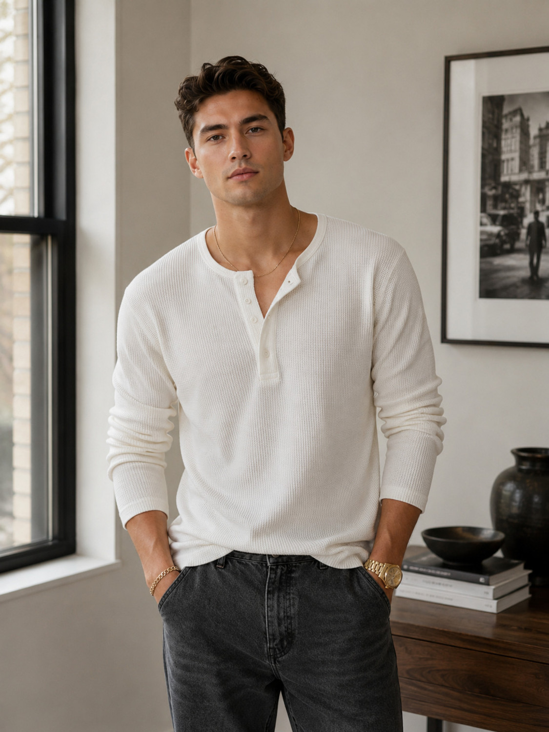 NetClick Men Self Design Henley Neck Cotton Blend White T-Shirt - Image 1
