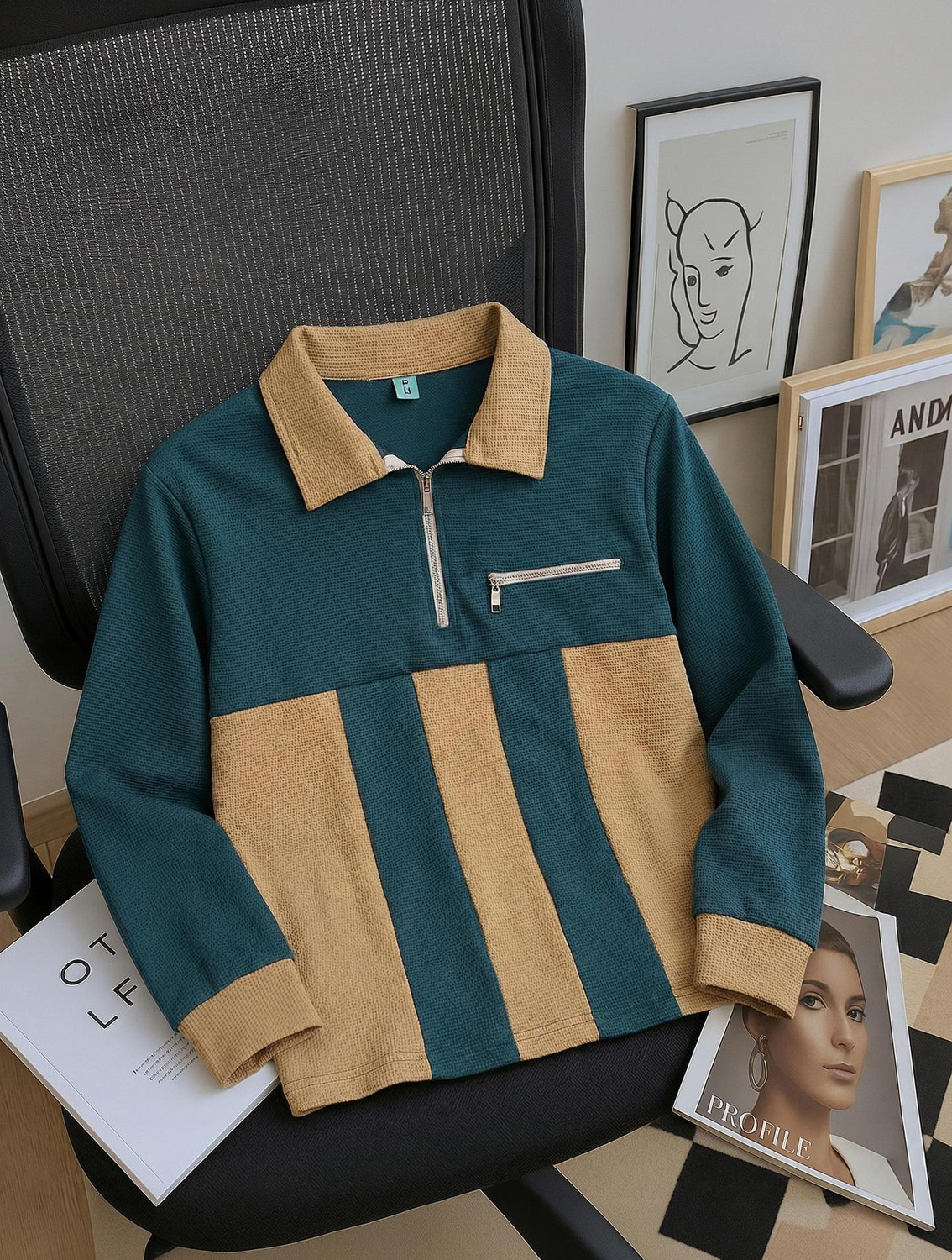 Try This Men Striped Zip Neck Cotton Blend Beige, Green T-Shirt - Image 1