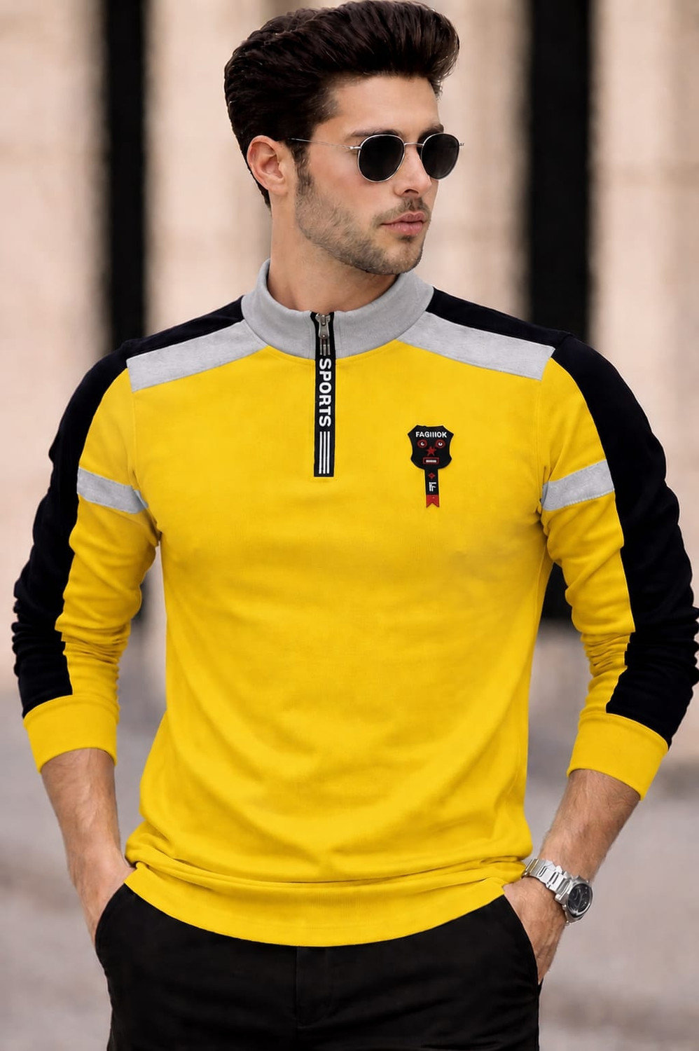 RDS ENTERPRISES Men Colorblock Hooded Neck Cotton Blend Yellow T-Shirt - Image 1