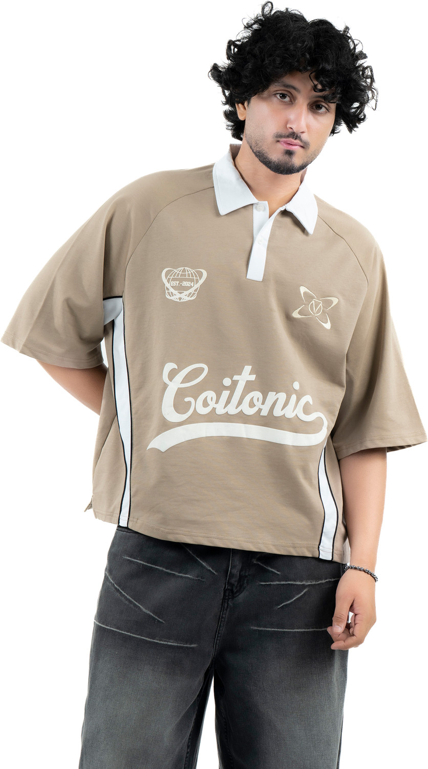COITONIC Men Printed Polo Neck Cotton Blend Beige T-Shirt - Image 1