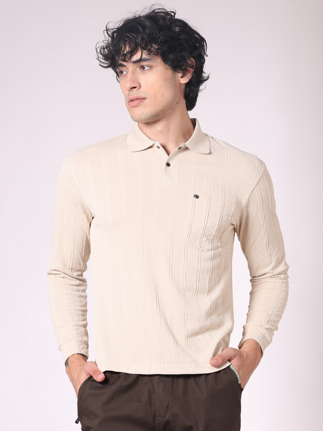 V-MART Men Solid Polo Neck Cotton Blend Beige T-Shirt - Image 1