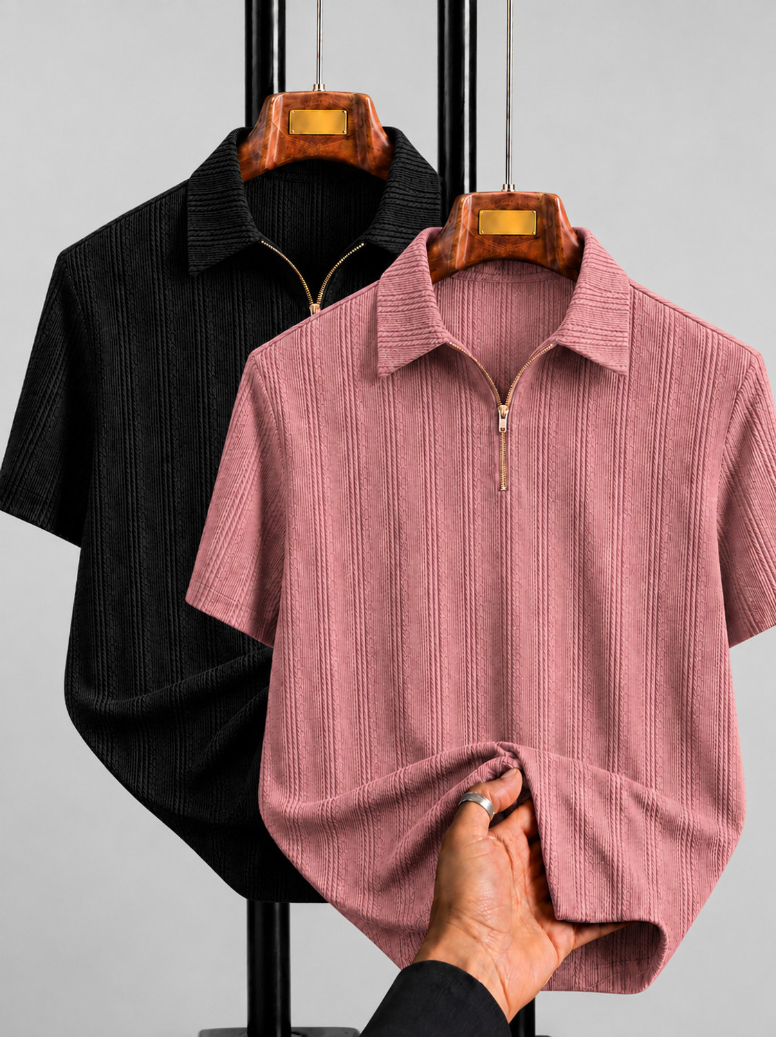 COMBRAIDED Pack of 2 Men Self Design Polo Neck Polycotton Black, Pink T-Shirt - Image 1