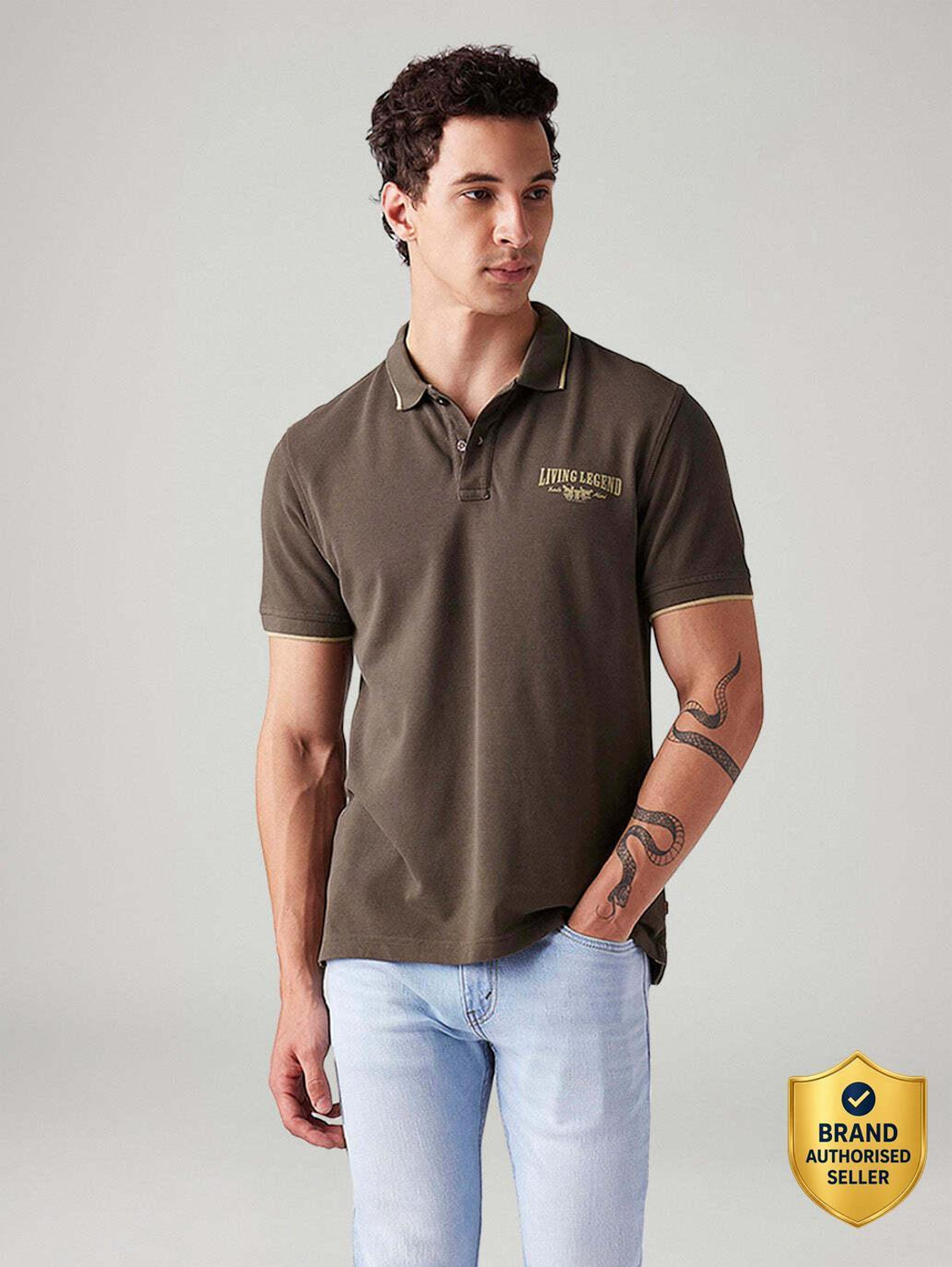 LEVI'S Men Graphic Print Polo Neck Pure Cotton Brown T-Shirt - Image 1