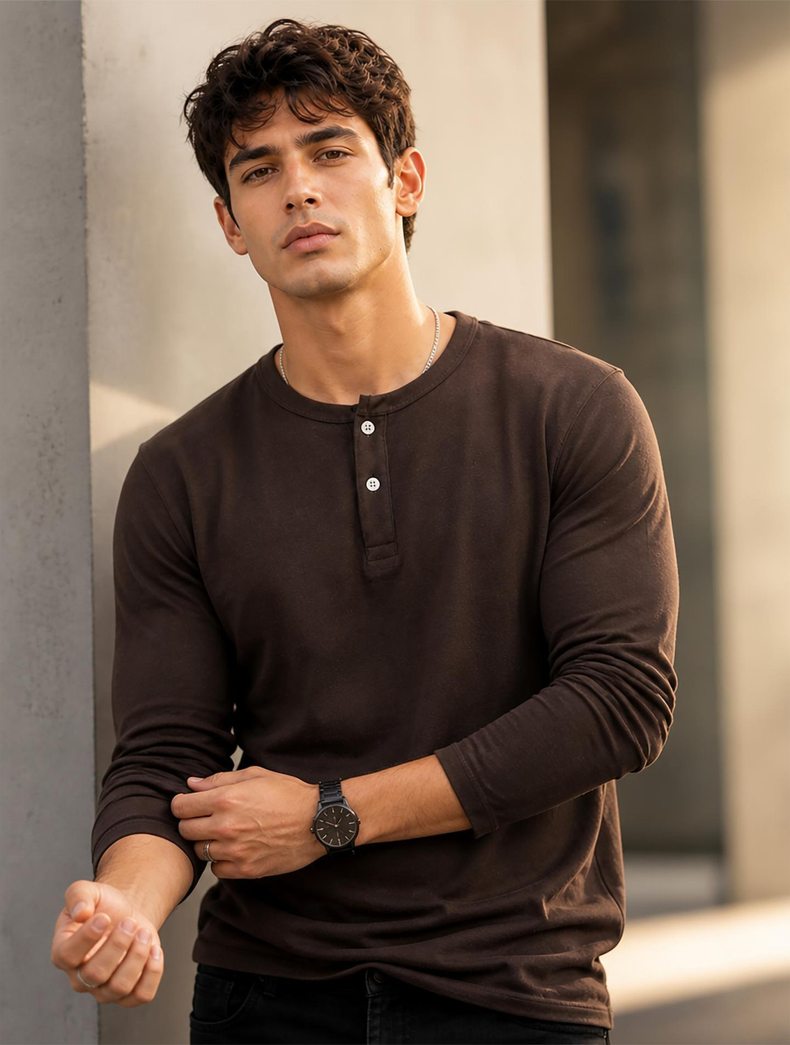 Creation By London Hills Men Brown Henley Neck Cotton Blend T-Shirt - Image 1