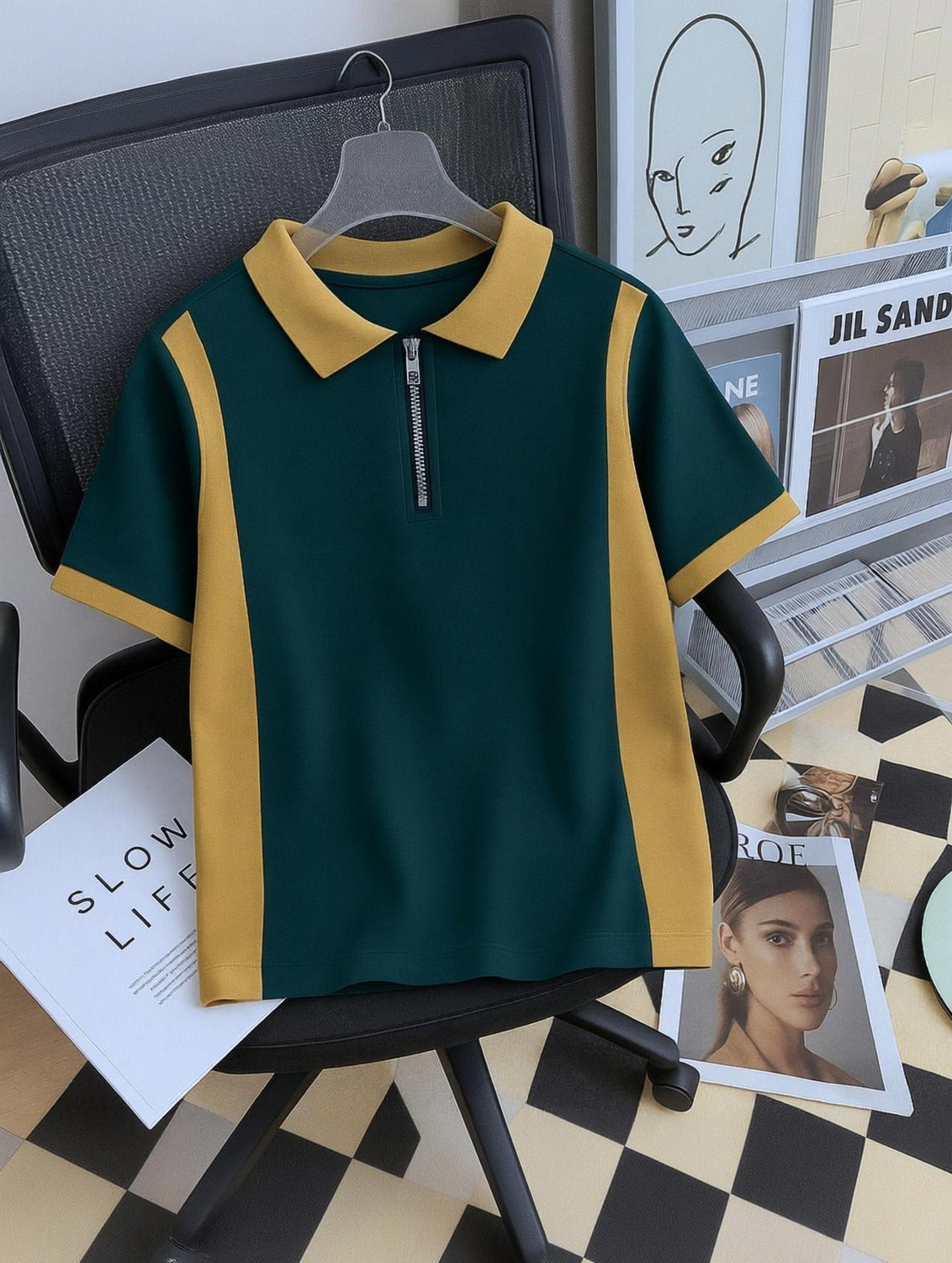 Try This Men Colorblock Polo Neck Cotton Blend Beige, Green T-Shirt - Image 1