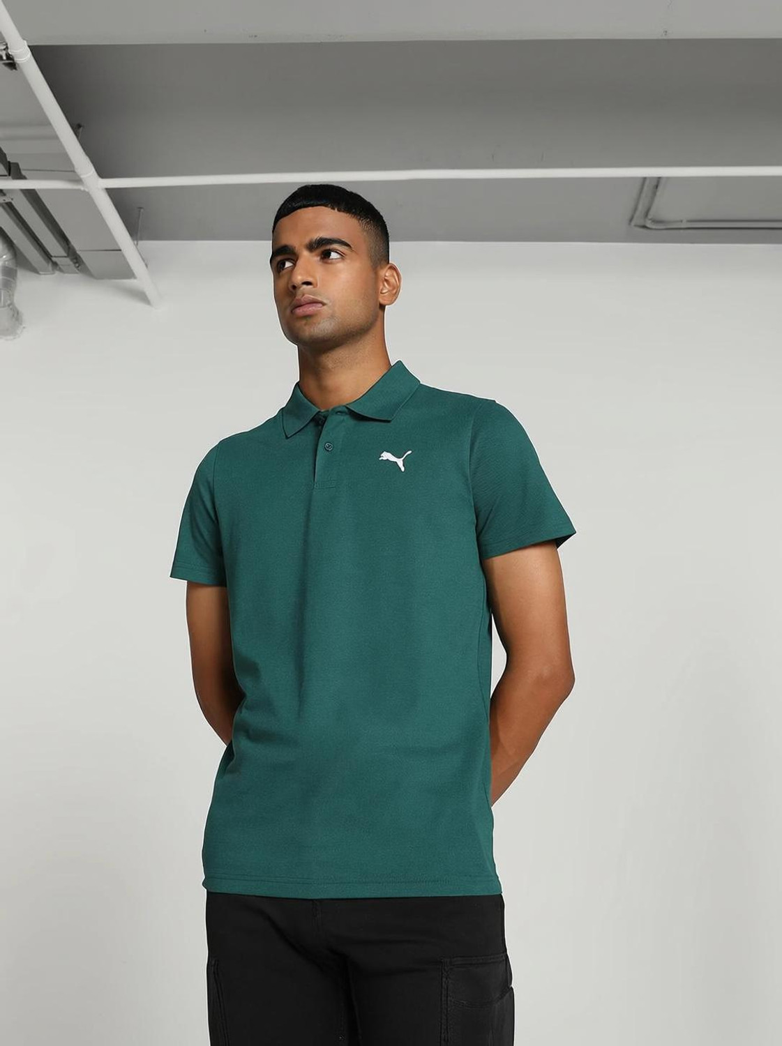 PUMA Men's Solid Green Polo Neck T-Shirt - Image 1