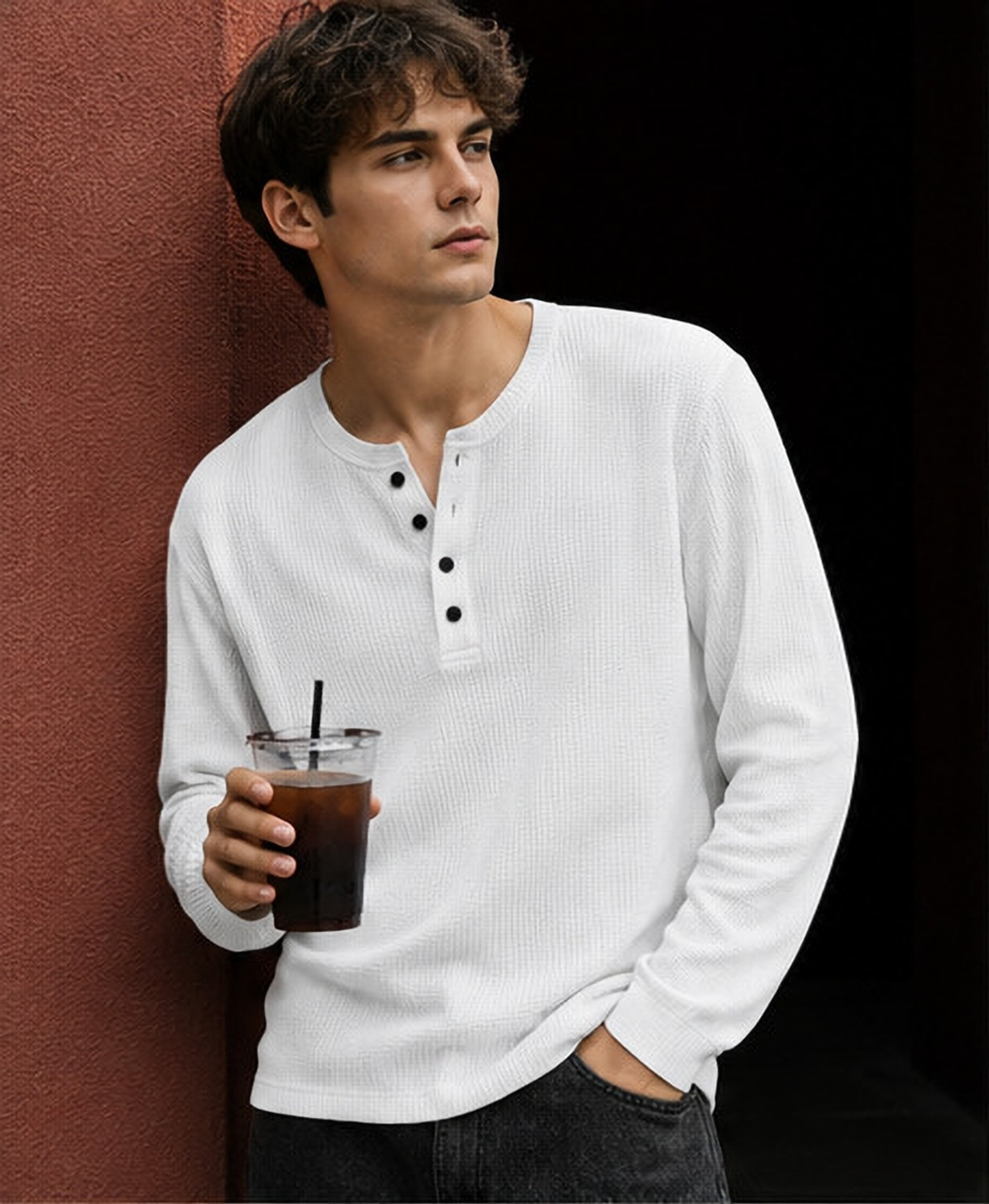 NOOK Men Self Design Henley Neck Cotton Blend White T-Shirt - Image 1