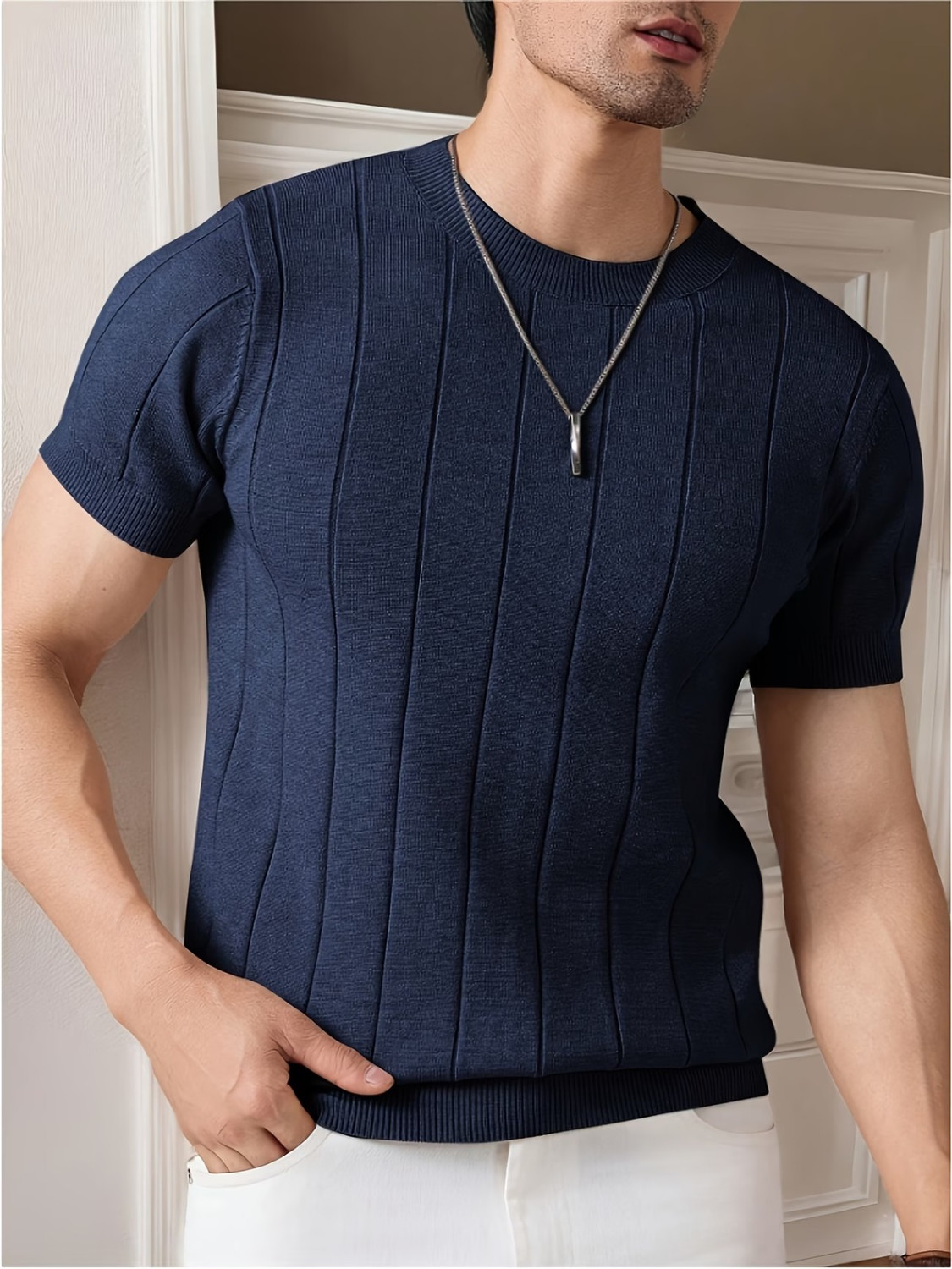 sti Men Self Design Pure Cotton Blue T-Shirt - Image 1