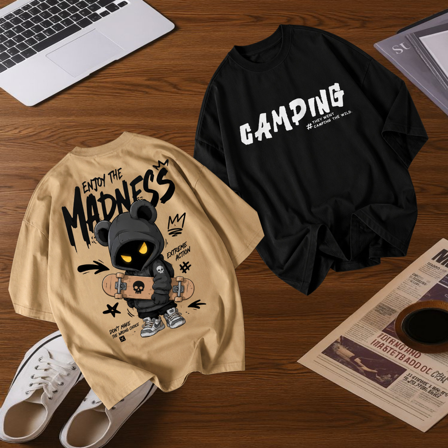 Madilyn Men Printed Round Neck Pure Cotton Black, Beige T-Shirt - Image 1