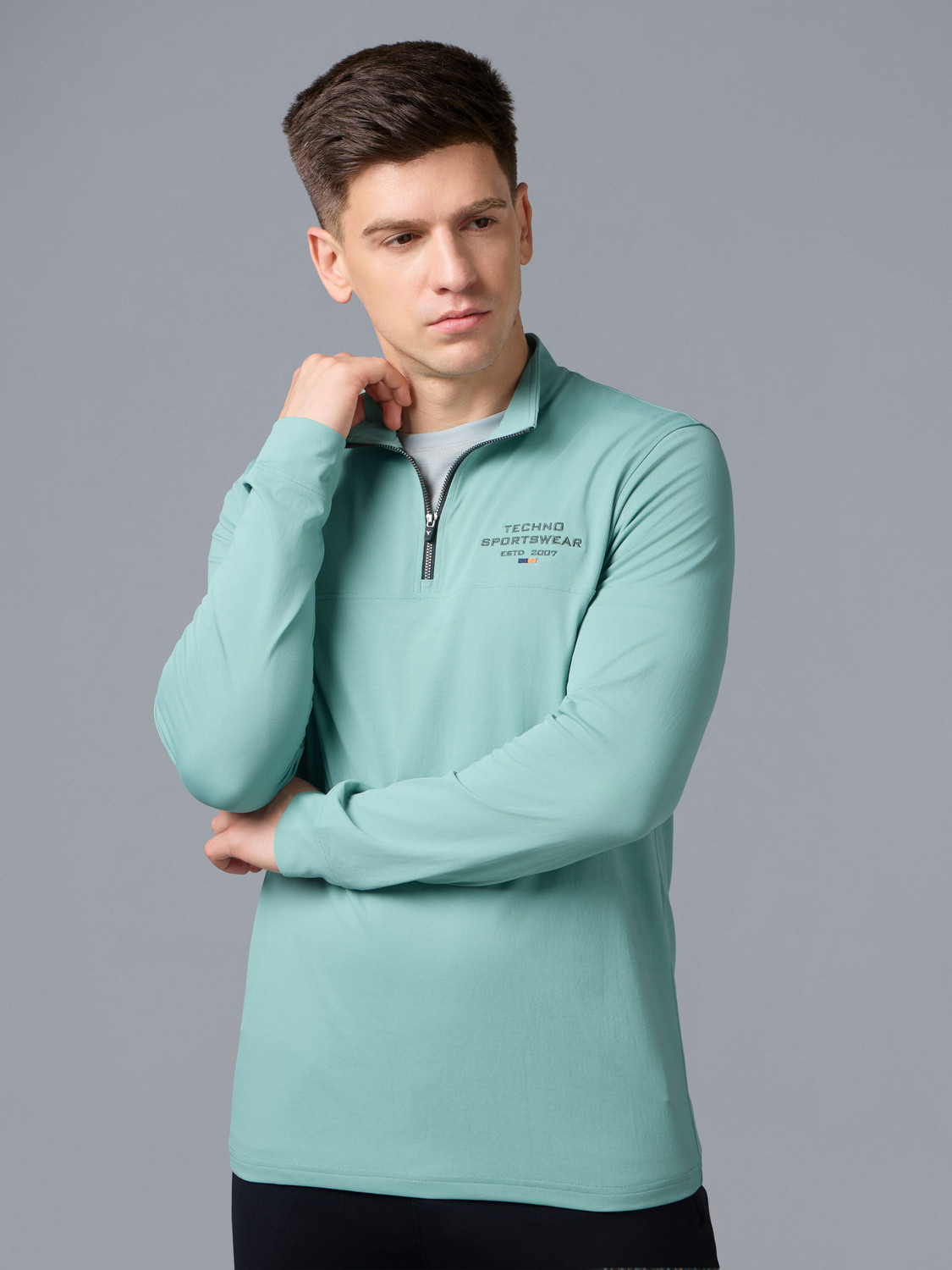 TECHNOSPORT Men Solid Zip Neck Polyester Green T-Shirt - Image 1