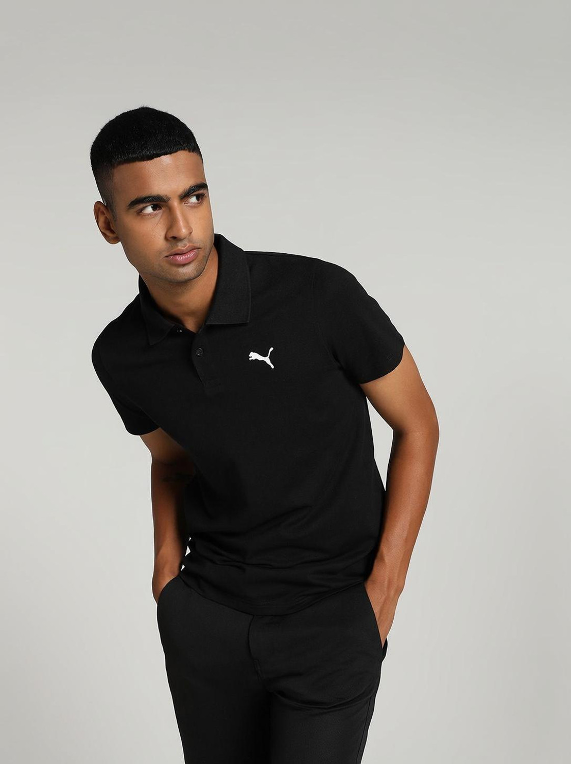 PUMA ESS Logo M Men Solid Polo Neck Pure Cotton Black T-Shirt - Image 1