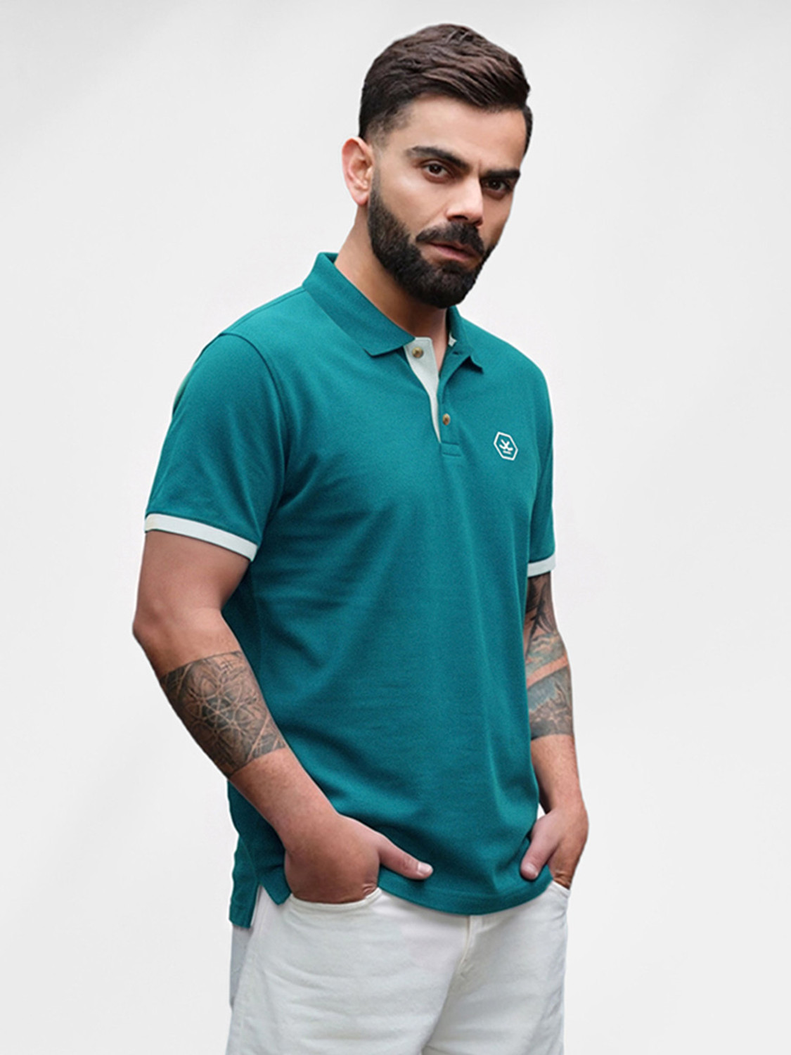 WROGN Men Solid Polo Neck Cotton Blend Dark Green T-Shirt - Image 1