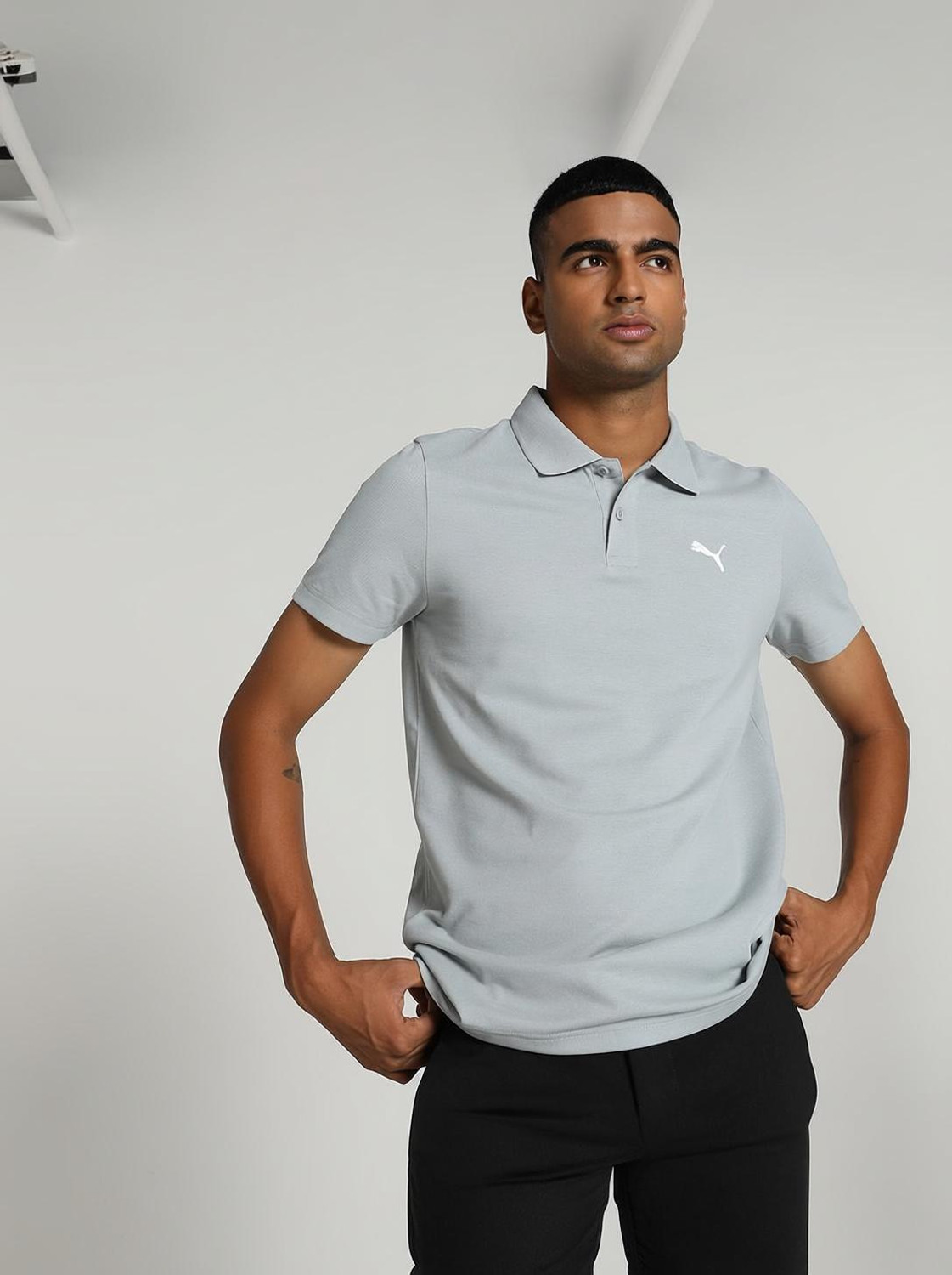 PUMA Solid Men Polo Neck Grey T-Shirt - Image 1