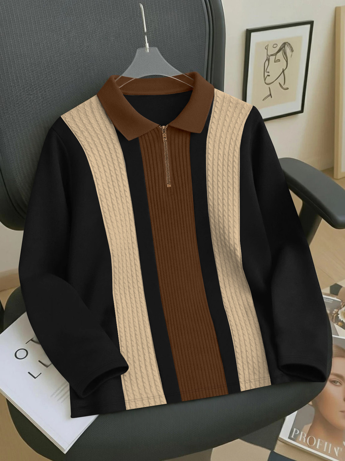 KAJARU Men Colorblock Zip Neck Polyester T-Shirt (Brown) - Image 1