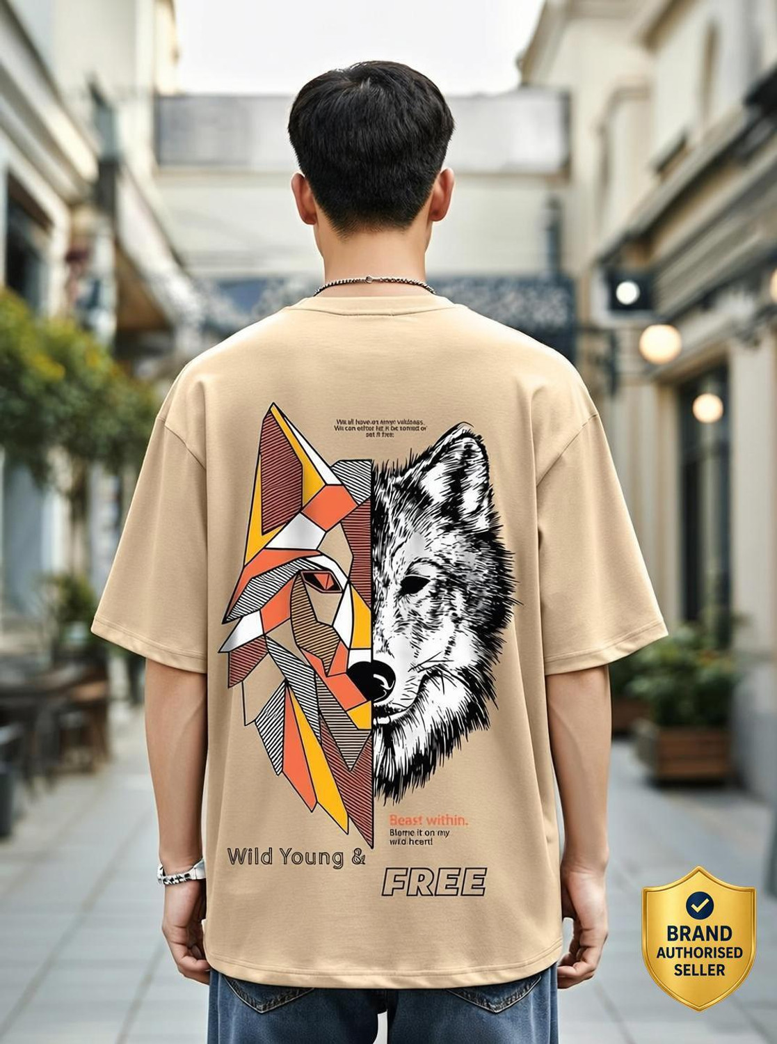 BEWAKOOF Oversized Men's Brown Cotton Graphic T-Shirt - Image 1