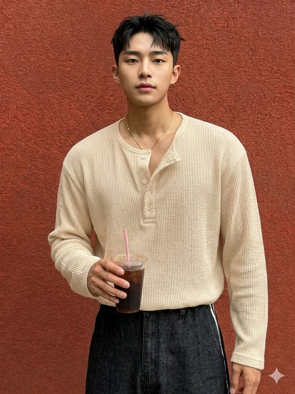 IMSA MODA Men Beige Henley Neck Polycotton T-Shirt - Image 1