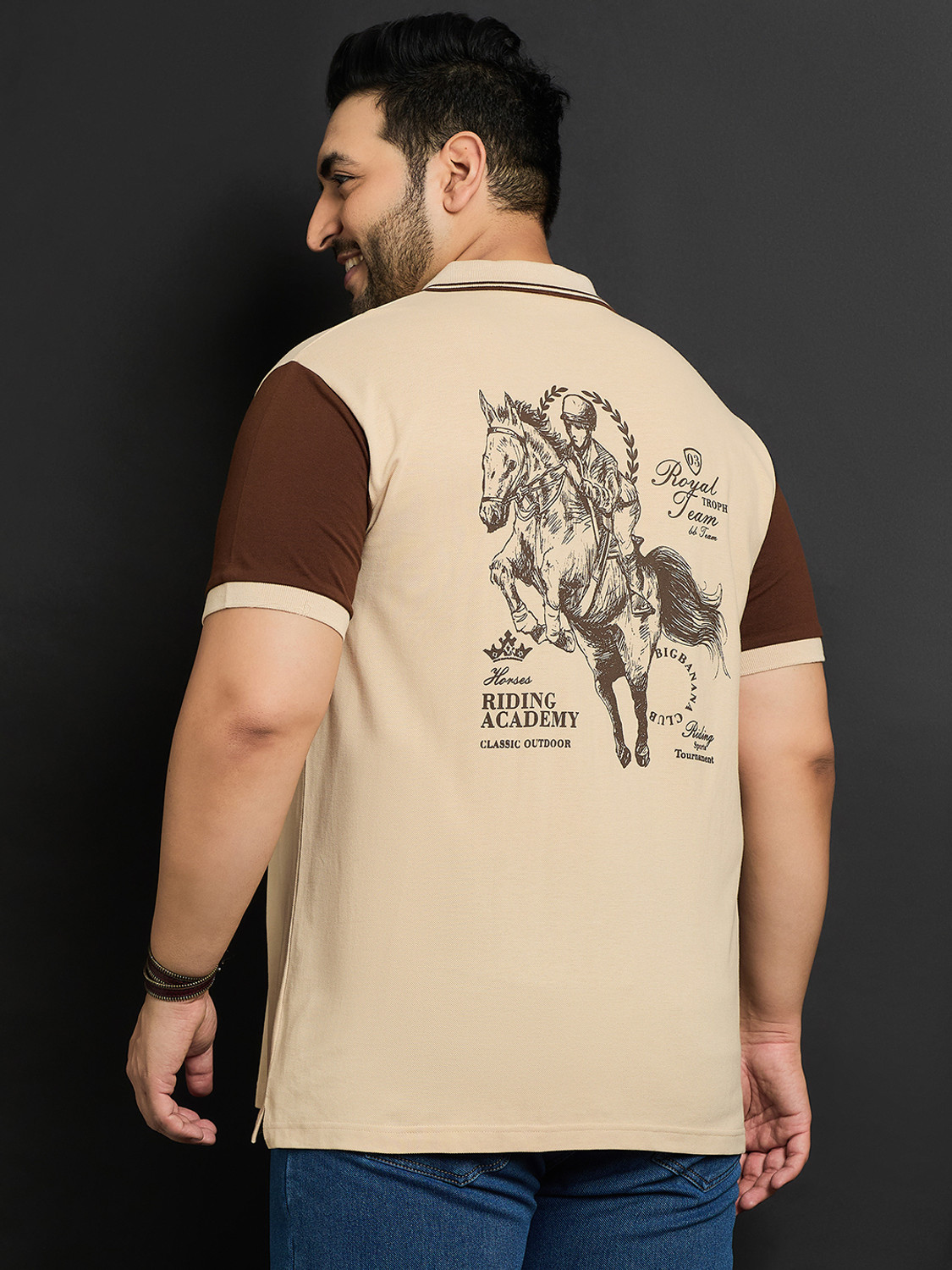 bigbanana Men Printed Polo Neck Pure Cotton Beige T-Shirt - Image 1