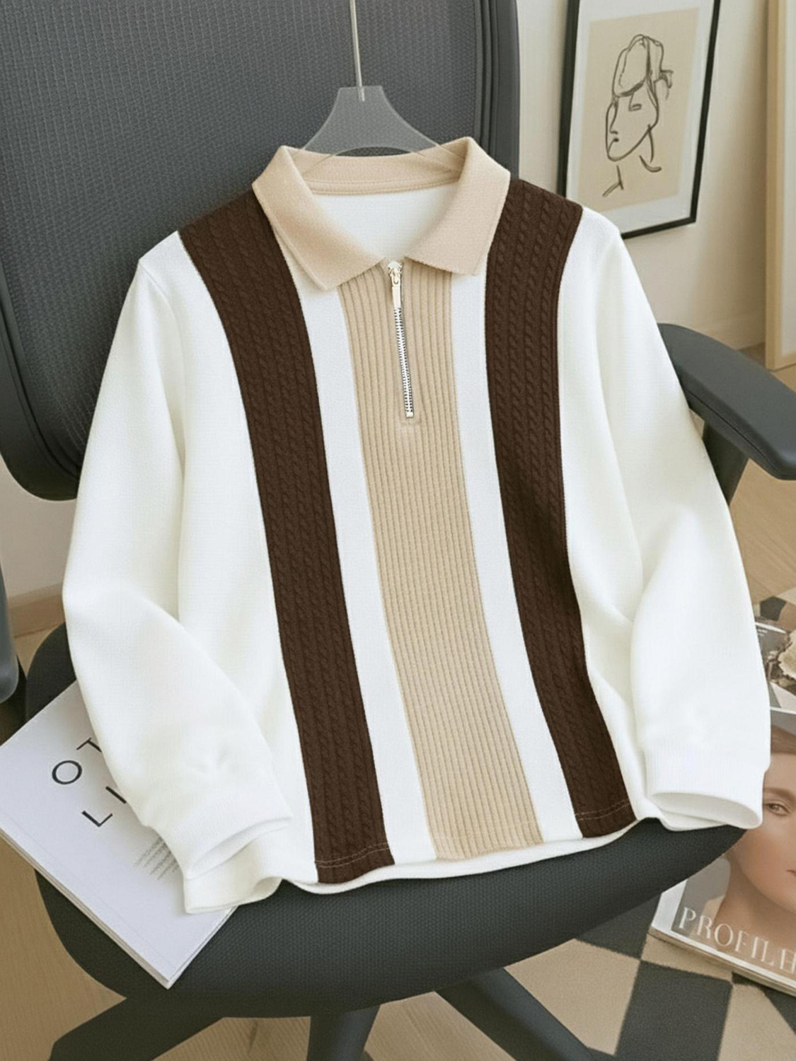 AUSK Men Colorblock Zip Neck Cotton Blend Multicolor T-Shirt - Image 1