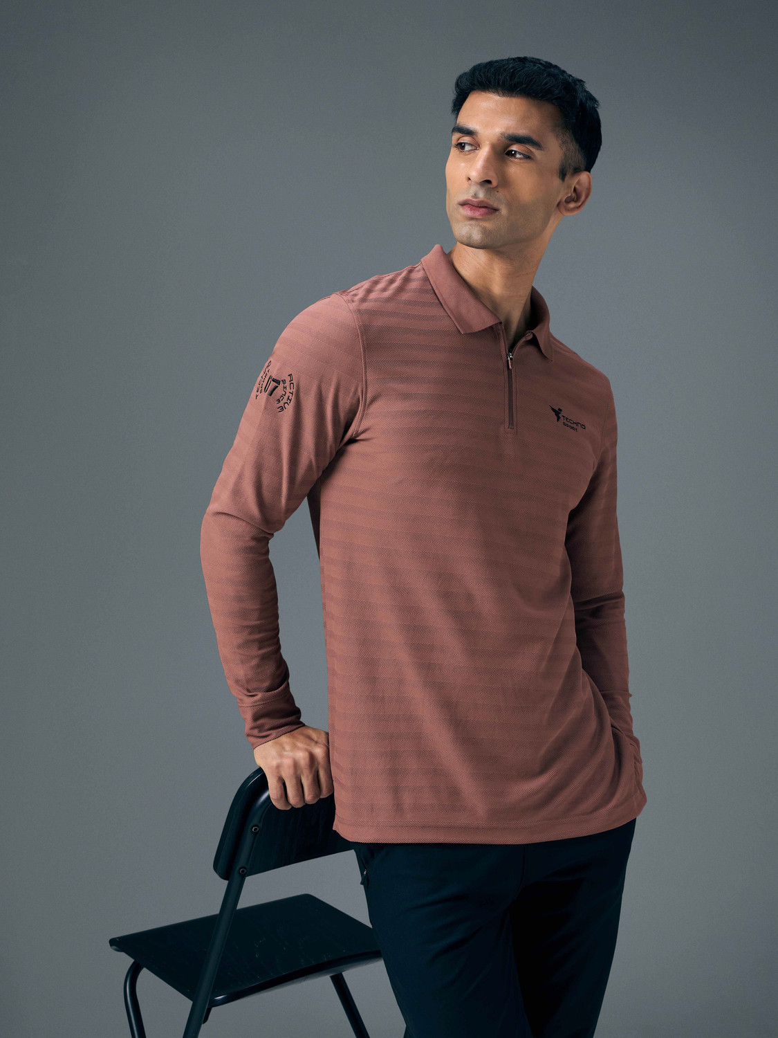 TECHNOSPORT Men Striped Zip Neck Polyester Red T-Shirt - Image 1