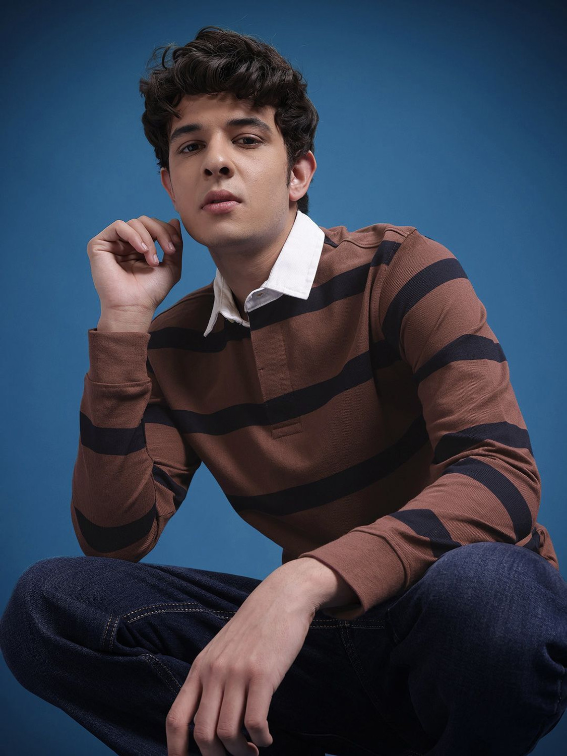 Roadster Men Striped Polo Neck Pure Cotton Brown T-Shirt - Image 1