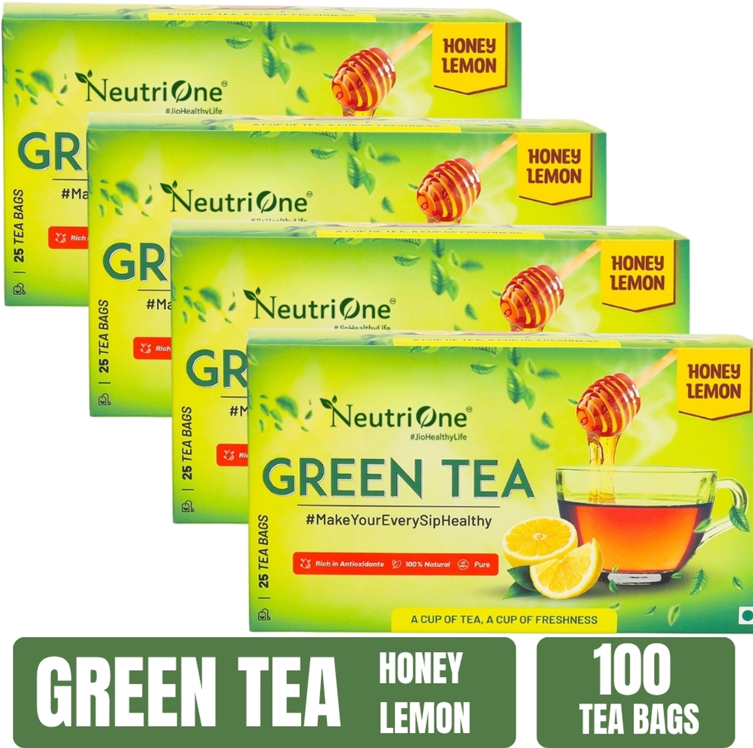 NeutriOne Honey Lemon for Weight Loss | Premium Green Tea Leaves |Vitamin C & Antioxidants Honey, Lemon Green Tea Bags Box (4 x 25 Bags) - Image 1