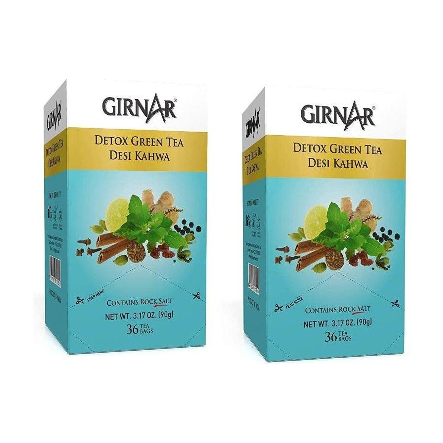 Girnar Detox Green Tea Desi Kahwa Pack of 2 Herbs Green Tea Bags Box (2 x 36 Tea Bags) Spices, Herbs Green Tea Bags Box (2 x 90 g) - Image 1