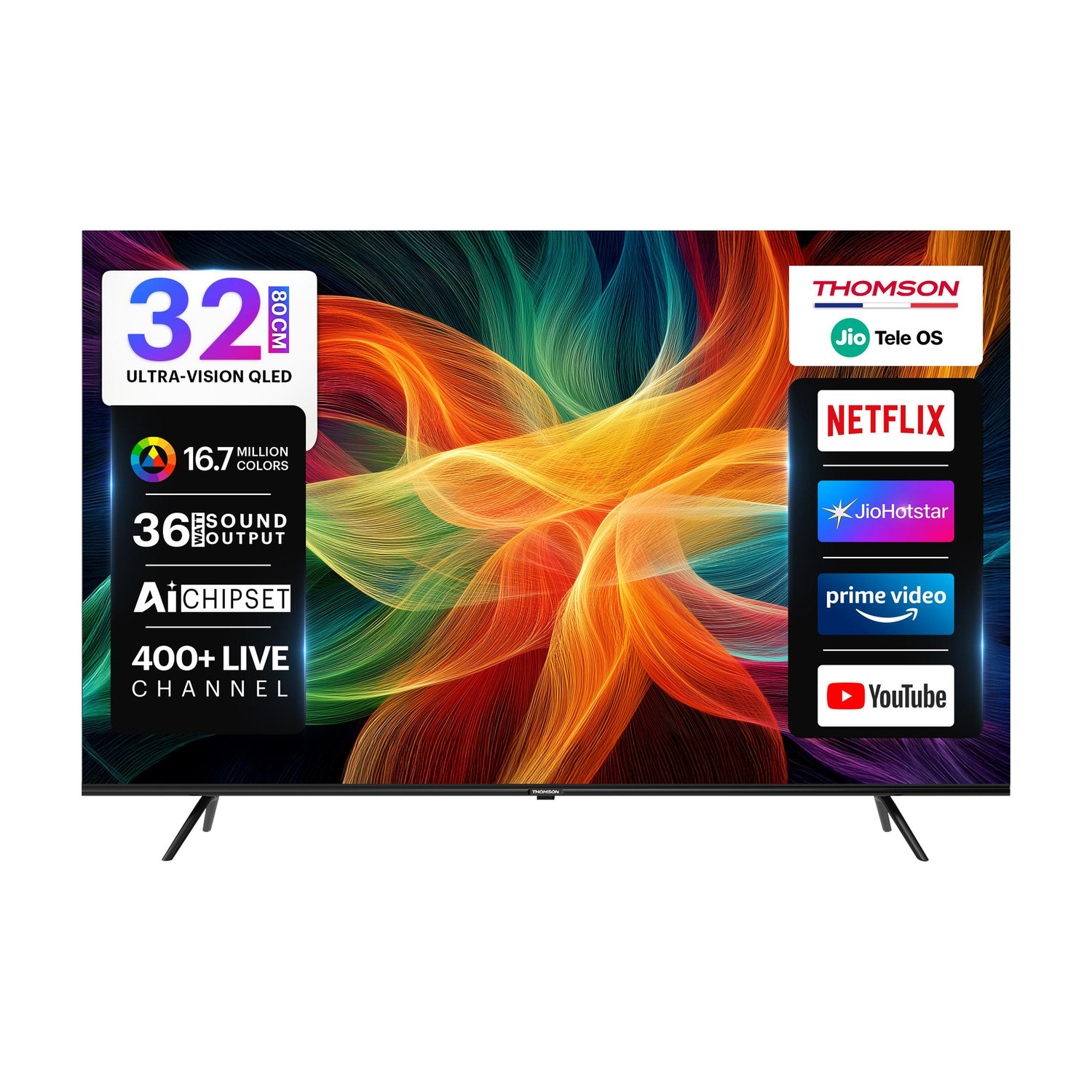 Thomson 80 cm (32 inch) QLED HD Ready Smart JioTele OS TV 2026 Edition with 36W Sound Output 2 Speaker 350 Nits Brightness 400+ free live TV channels 300+ JioGames Web Browser Sports Mode Bezel Less Design (32TJHQ002) - Image 1