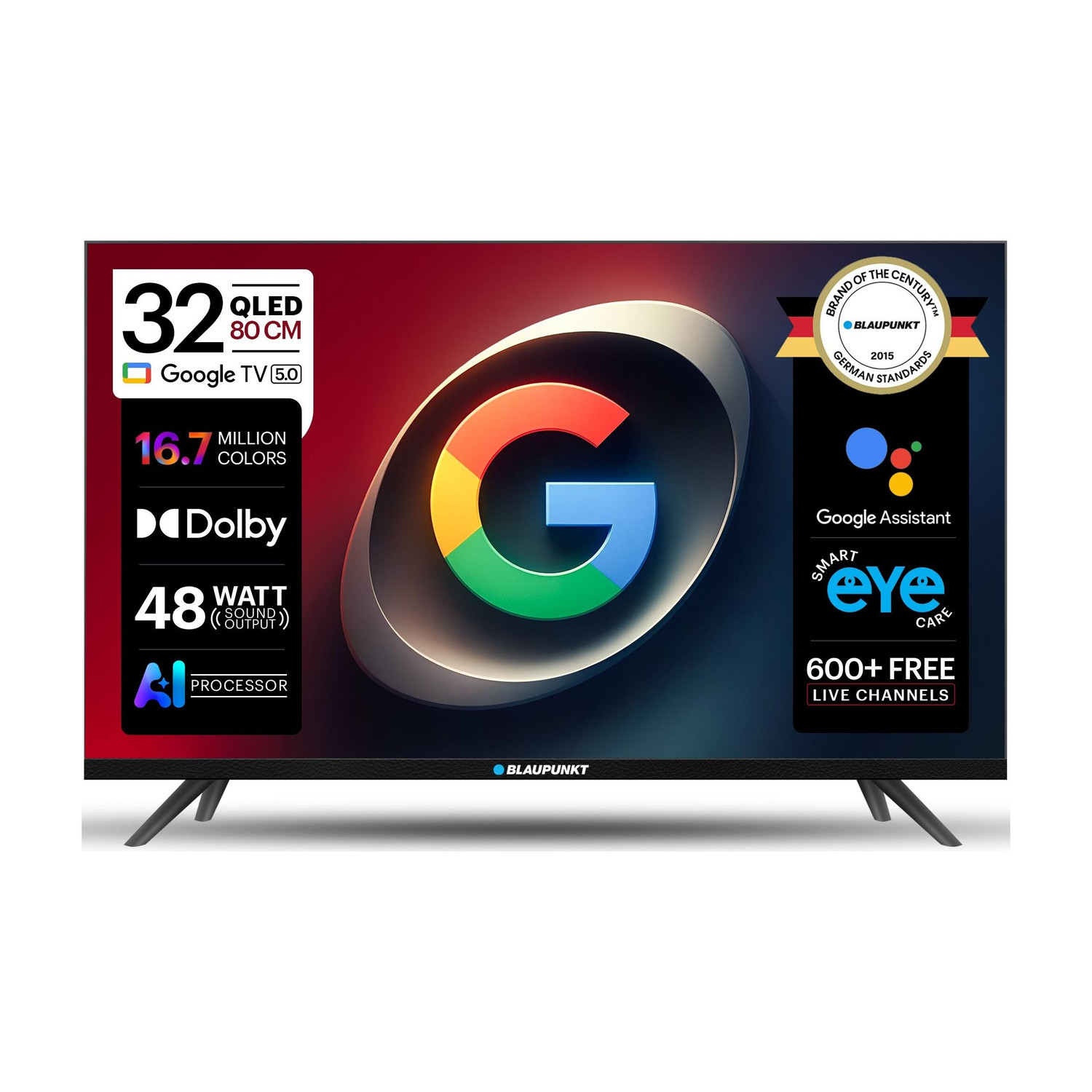 Blaupunkt 80 cm (32 inch) QLED HD Ready Smart Google TV 2026 Edition with Google Voice Assistant Remote Control 48 Watt Sound Output Dolby Sound Digital Tuner Eye Care Technology 10000+ Apps & Games Bezel Less Design Chromecast (32QC7020) - Image 1
