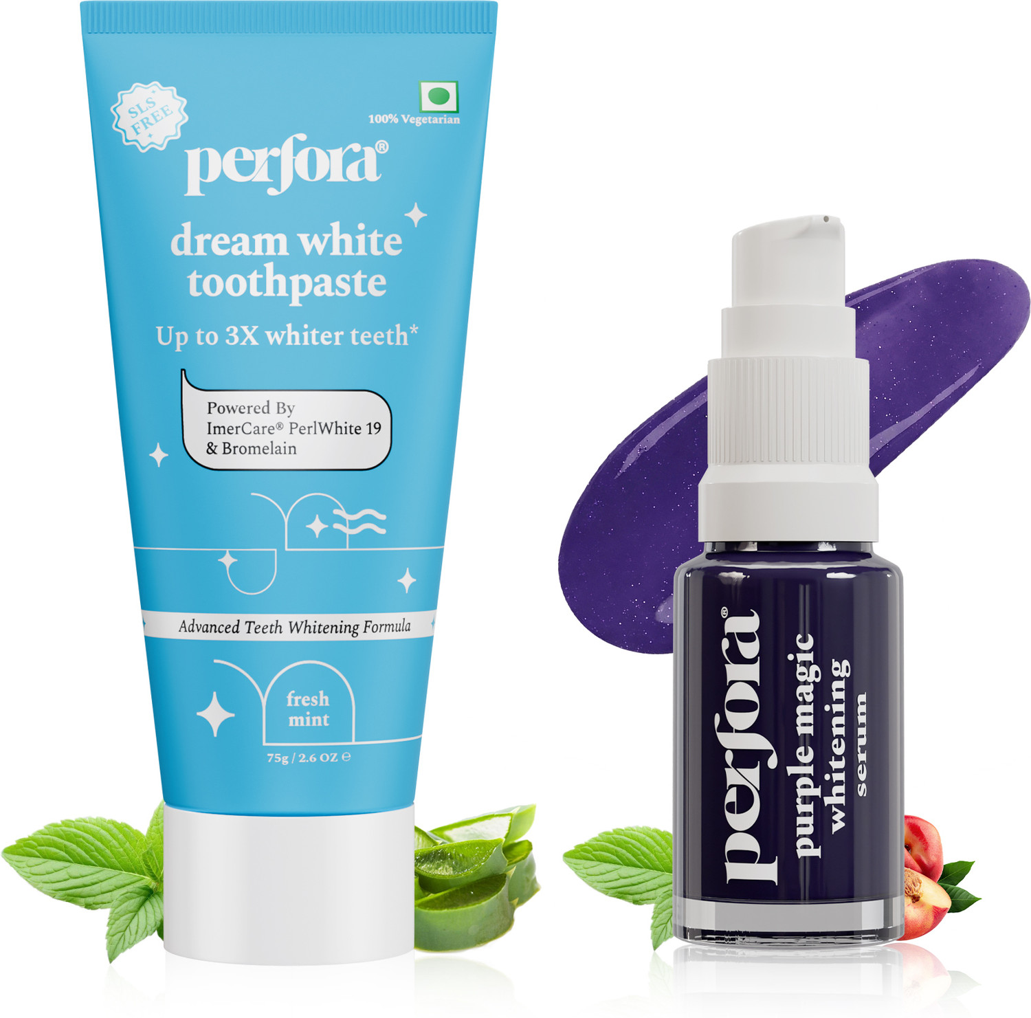 Perfora Teeth Whitening Mini Combo, Purple Serum & Toothpaste, 85g - Image 1