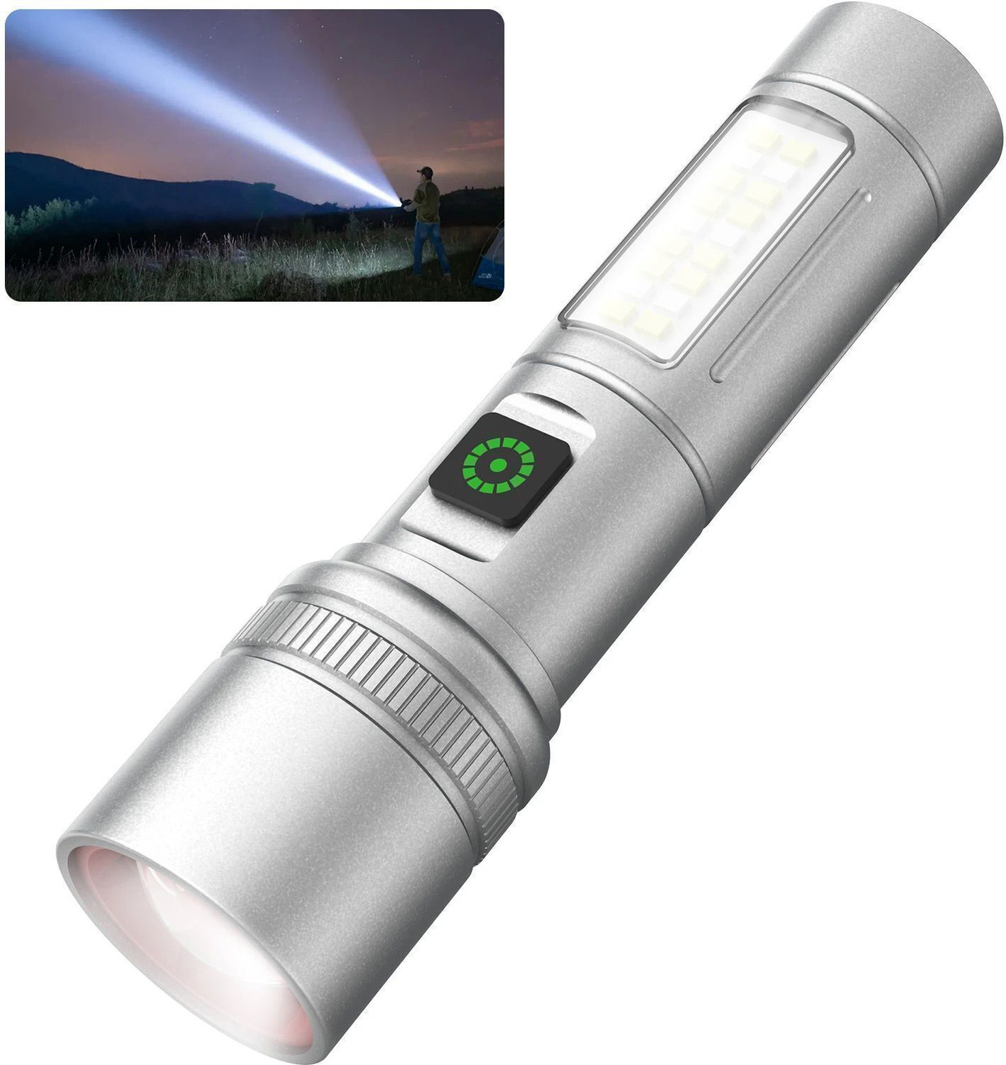 UN1QUE 1500mAh Super Bright LED Flashlight, 1000 Lumens, 6 Light Modes Torch (Silver, 14 cm, Rechargeable) - Image 1