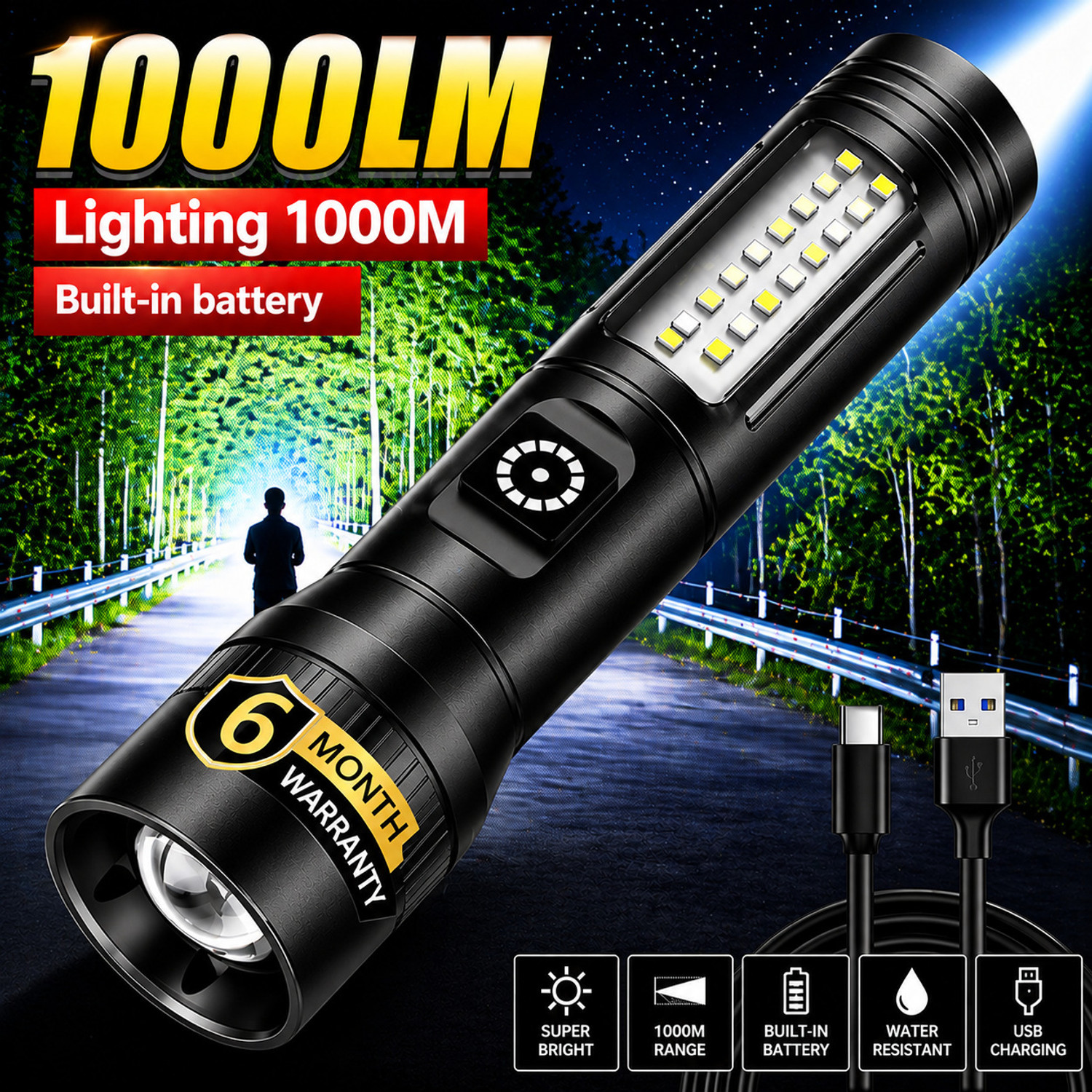 CRENTILA M81 (ZOOMABLE METAL LED TORCH)5 Modes Flashlight, Super Bright 100W LED Light Torch (Black, 15 cm, Rechargeable) - Image 1