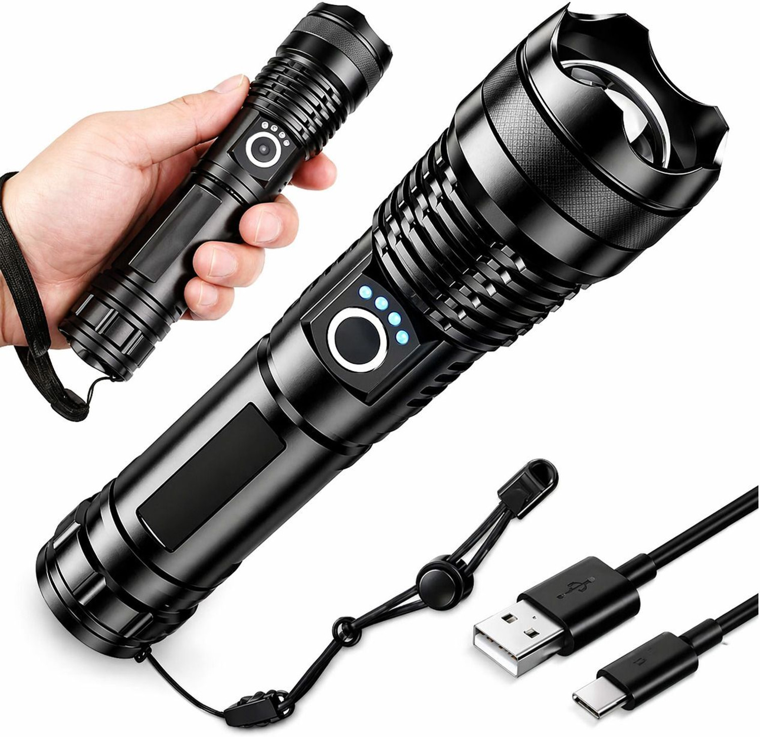 CRENTILA 1000m Long Range LED Torch Light Rechargeable High Power Flashlight USB Charging Torch (Black, 16.5 cm, Rechargeable) - Image 1