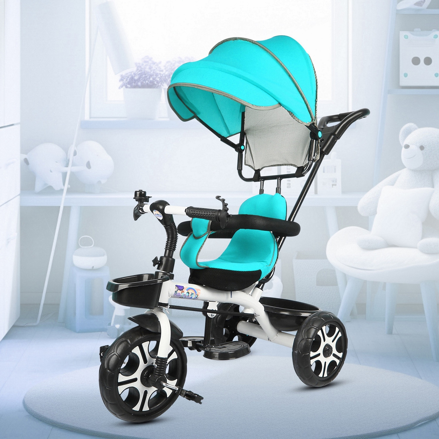 TOYSHOPPEE Kids Canopy Tricycle with Parental Push Handle, Light Blue - Image 1