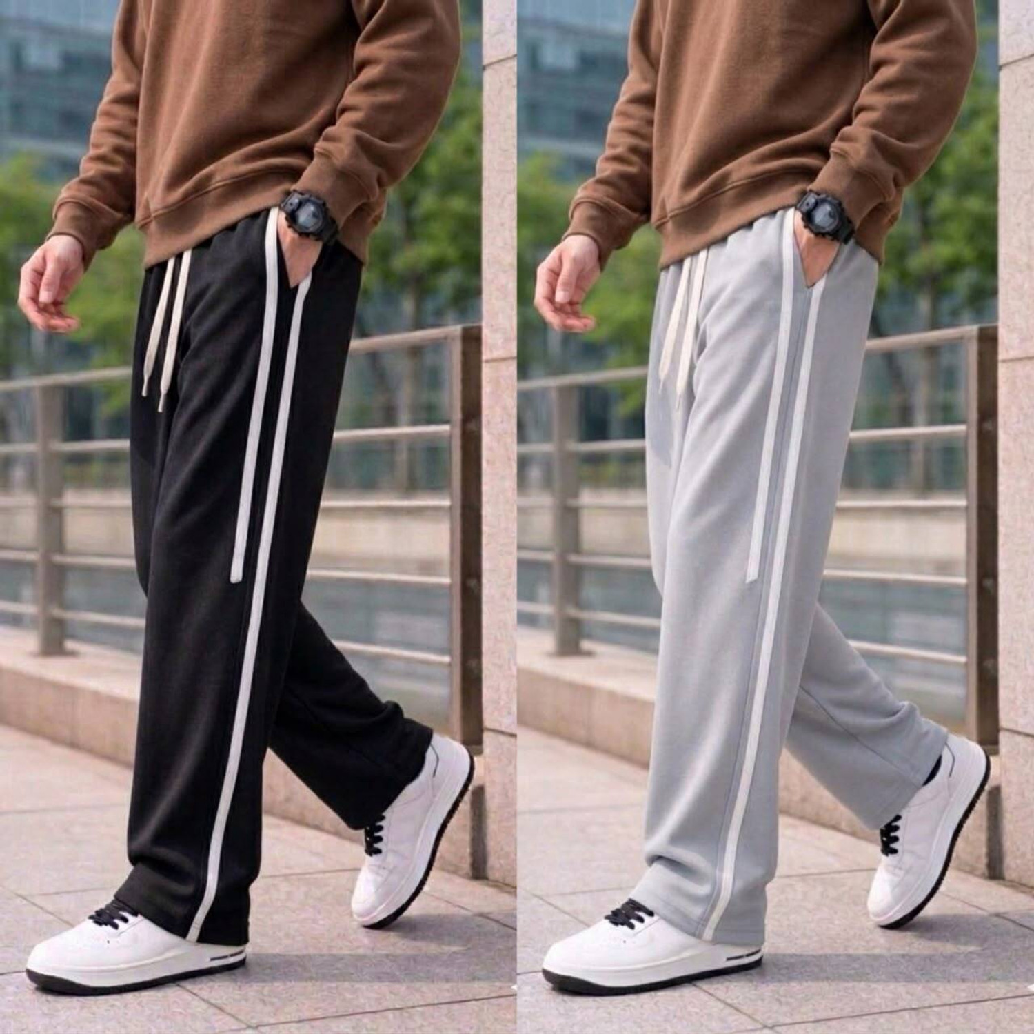 KEESUN Pack of 2 Men's Striped Grey Track Pants - Image 1