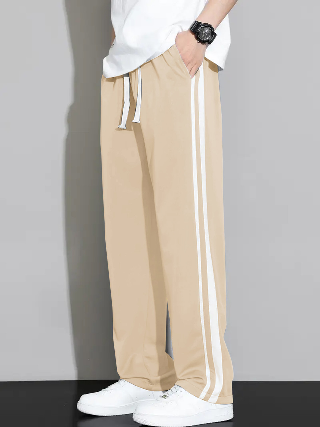 JexPuti Men Striped Beige Track Pants - Image 1
