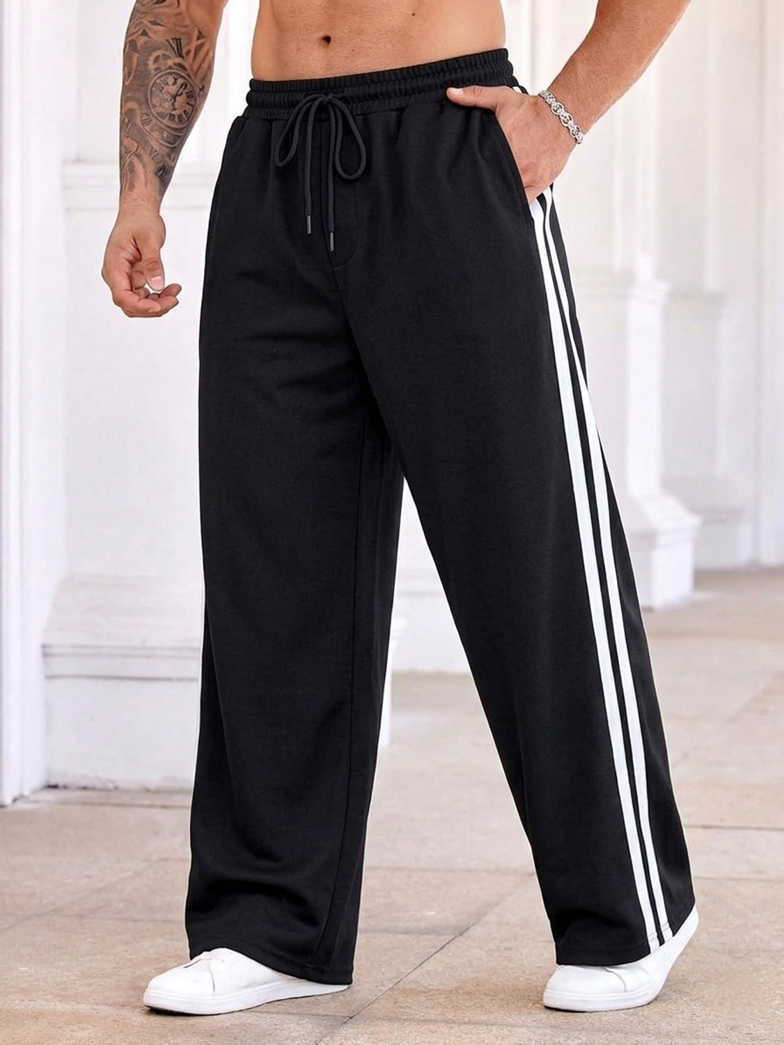 FLYcollection Men Solid, Striped Black Track Pants - Image 1