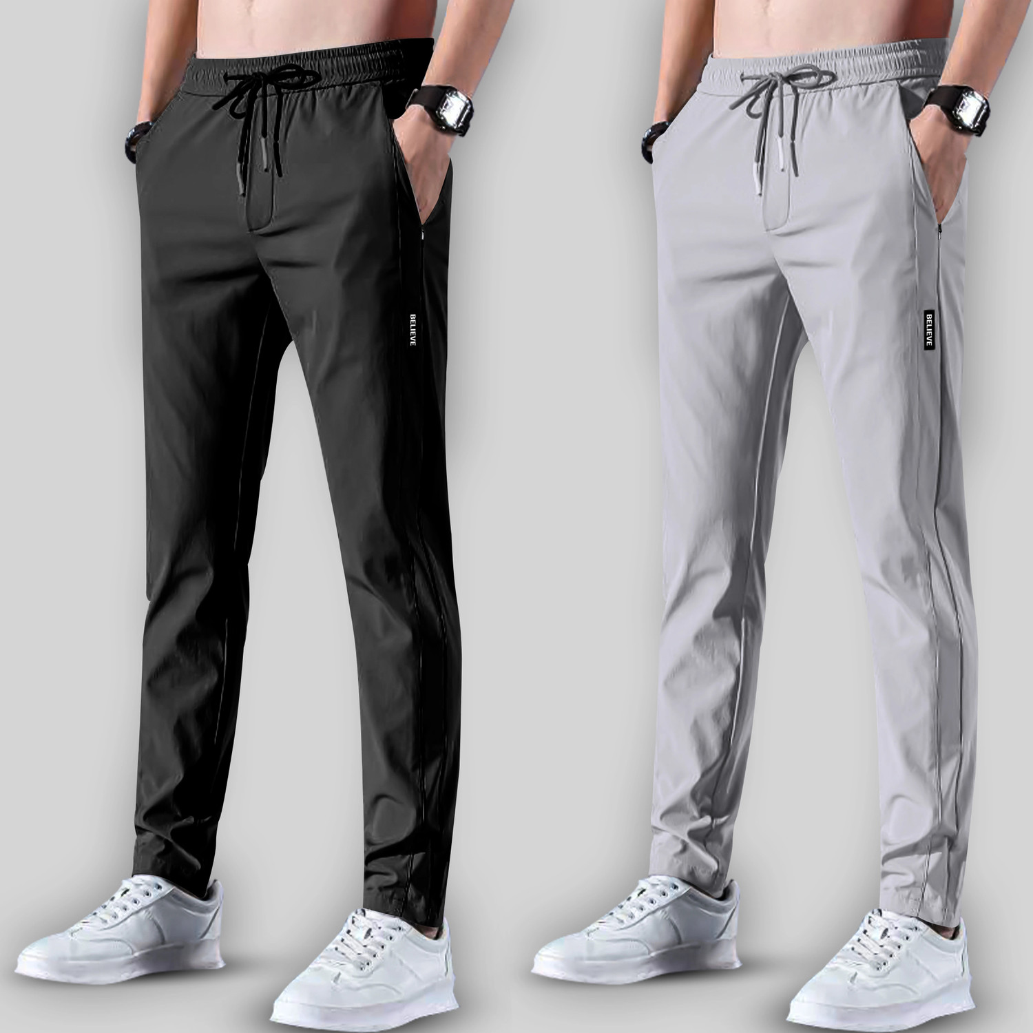 Joggers Park Pack of 2 Men Solid Black, Grey Track Pants - Image 1